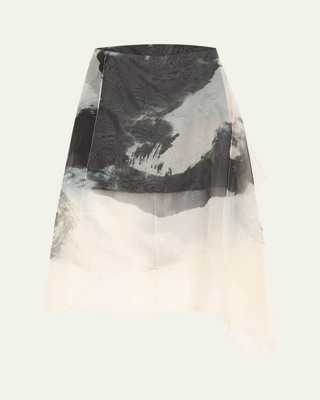 Asymmetric Silk Organza Midi Skirt With Artwork By Tong